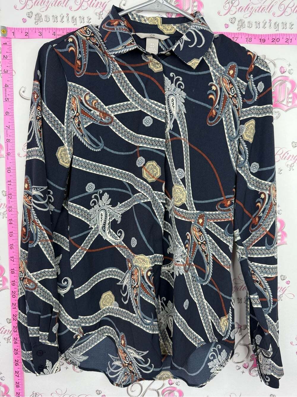 H&M blouse Navy Paisley Print Long-Sleeve Blouse with Cream, Gold, Brown Accents